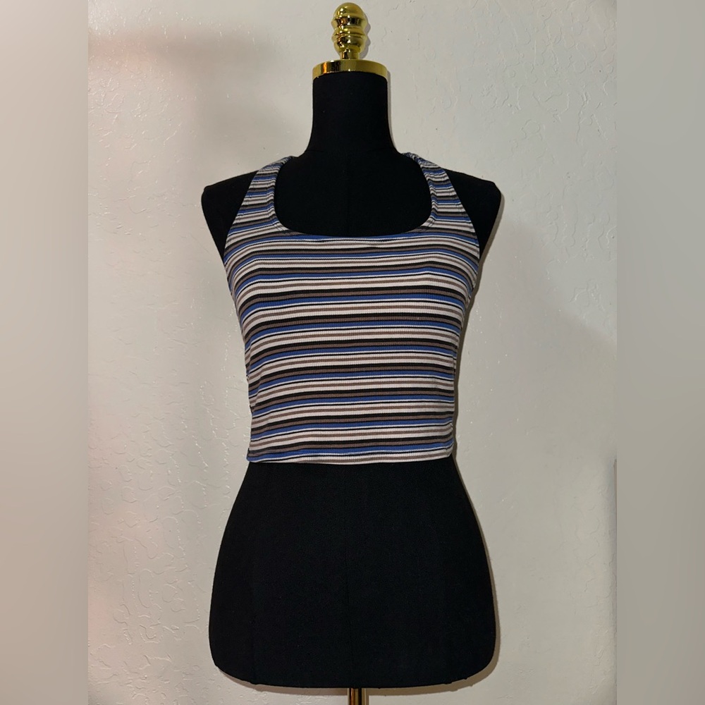 Striped Scoop Neck Crop Tank Top in Blue and White
